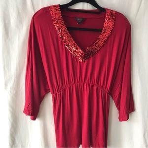 Jessica Image V-Neck, Empire Waist, Plus Size Red Sequin Shirt, Size 2X